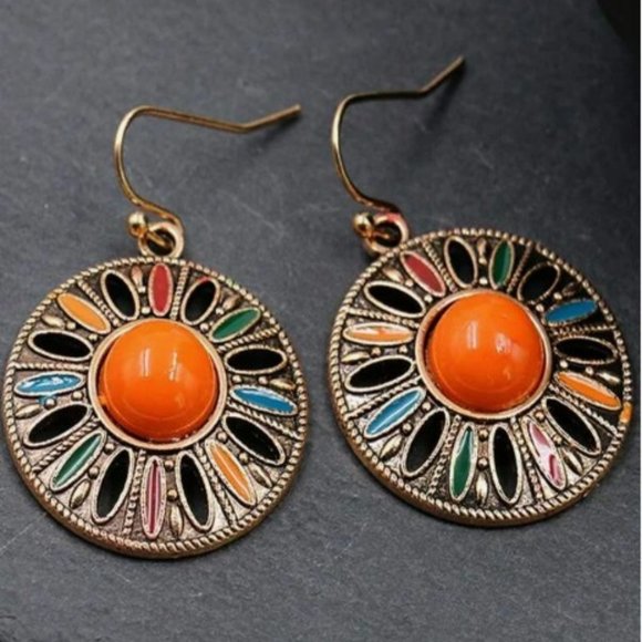 Geometric Orange Gold Bohemian Circle‎ Drop Earrings - Picture 1 of 3